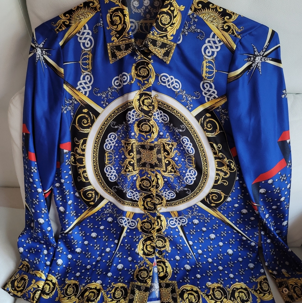 Versace Collection 42 M 6 8 Blue Gold Red Silk Button Shirt Blouse Baroque $625
